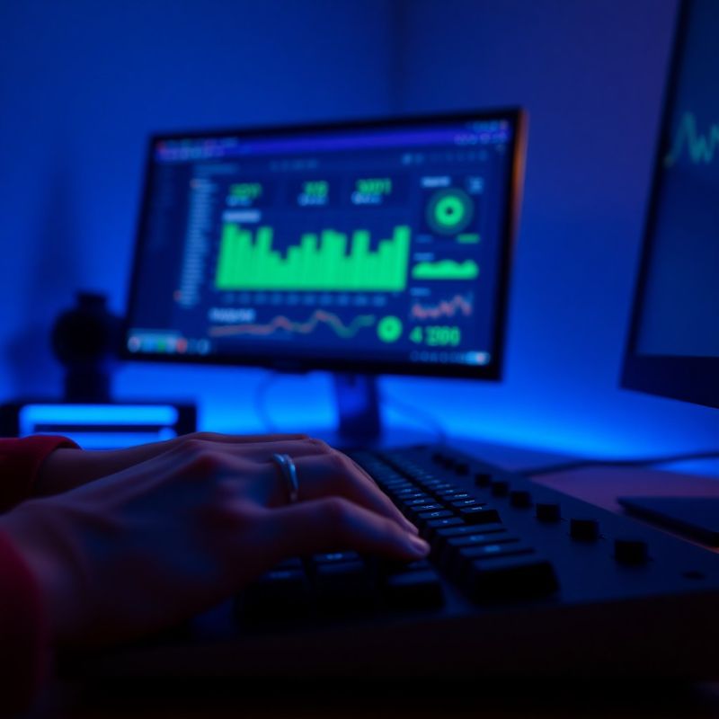 Hands typing on a mechanical keyboard beneath indigo lighting with a dashboard visible in the background