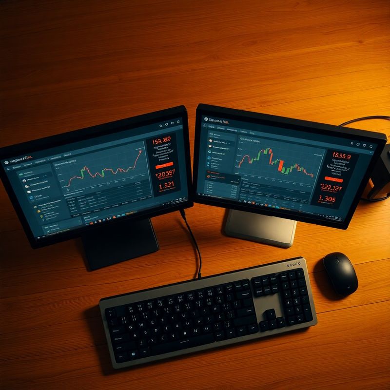 Overhead view of a mechanical keyboard and dual monitors showing equity curves