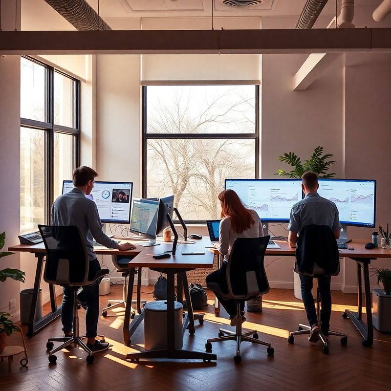 Small engineering team working in a modern Brașov office with dashboards on large monitors